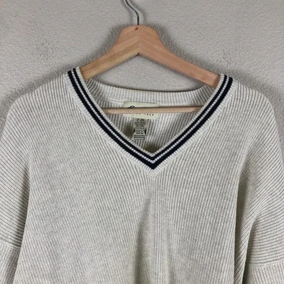 EDDIE Bauer Sweater Cream Knit Varsity Stripe V Pullover Casual Sz X Large Tall - Picture 3 of 13